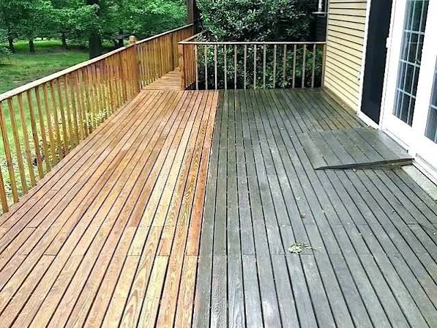 Deck partially cleaned showing the pressure washing difference